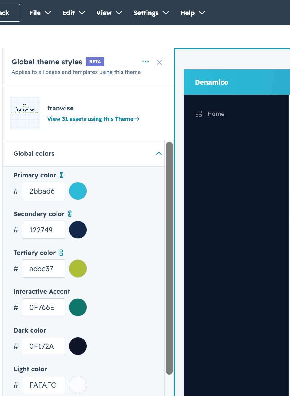 The theme’s global colours being edited, and the portal bar and rail they produce