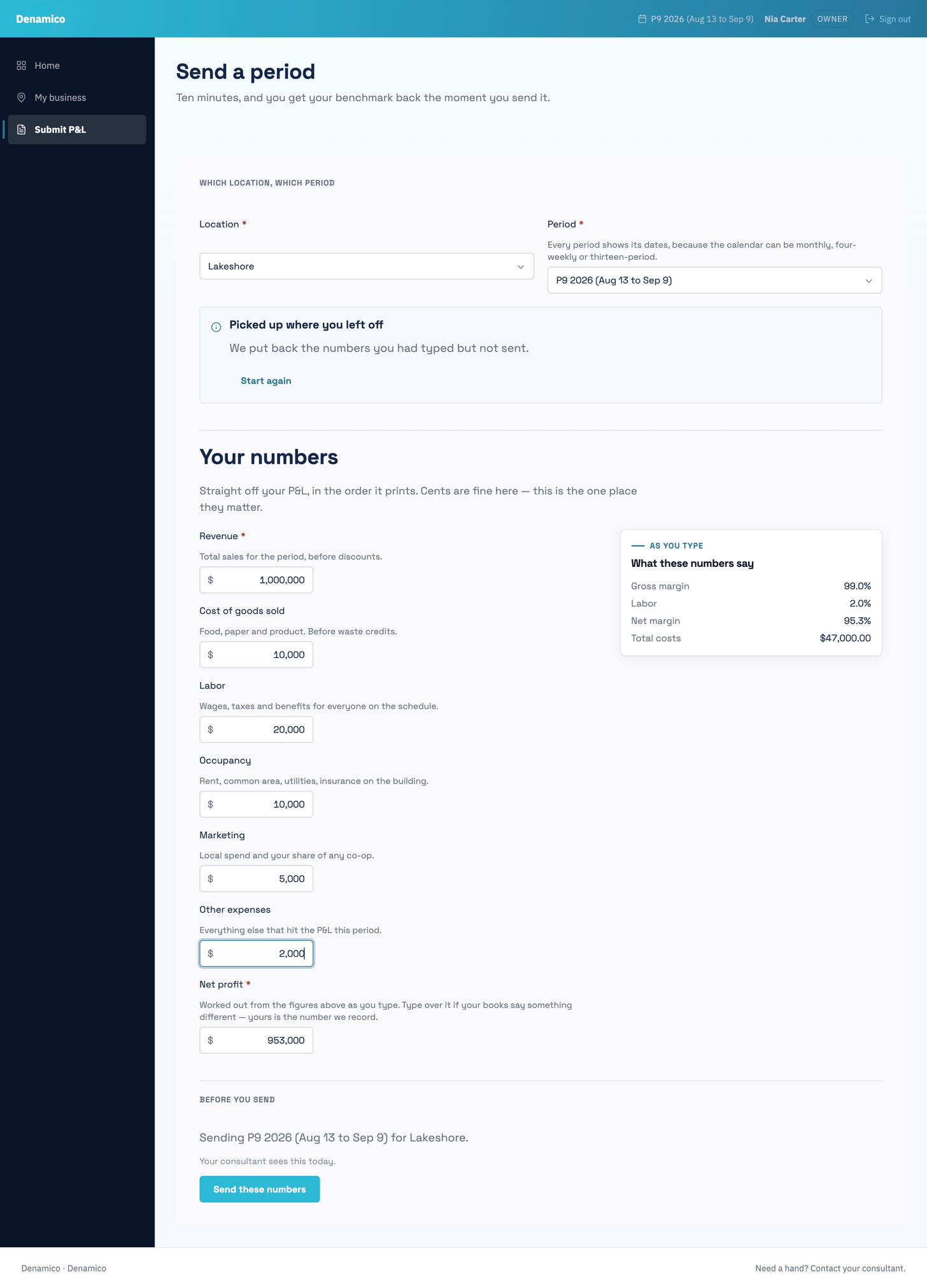 The P&L form in the member portal, with a running read-out of what the numbers say beside it
